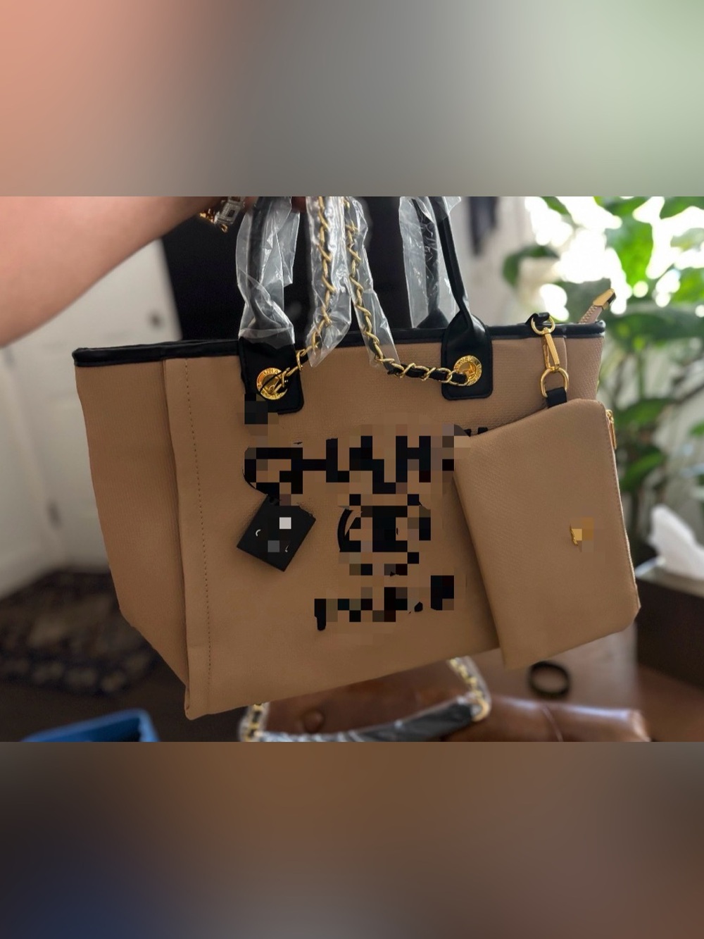 Beige Tote with Black Trim and Gold Chain Handles